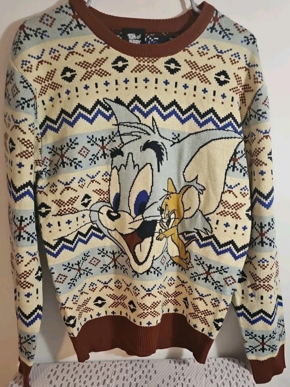 Bioworld Cream, Brown & Blue Tom and Jerry Fair Isle Sweater
